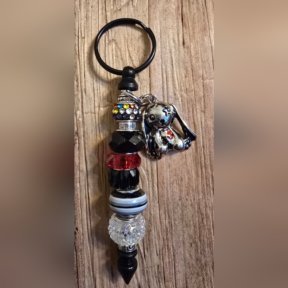 Voodoo Bunny Silver & Black Beaded Bar Keychain Purse Charm